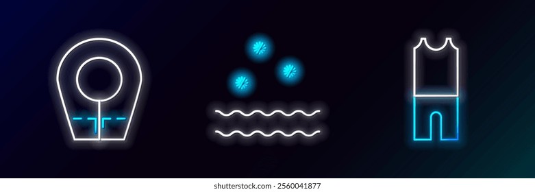 Set line Wetsuit for scuba diving, Diving hood and Cold and waves icon. Glowing neon. Vector