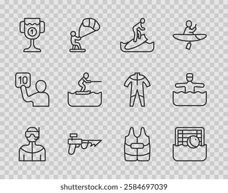 Set line Wetsuit for scuba diving, Water polo, Surfboard, Fishing harpoon, Award cup, skiing man, Life jacket and gymnastics icon. Vector