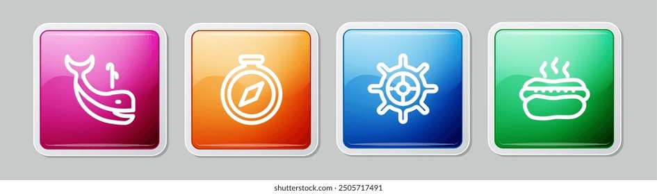 Set line Whale, Compass, Ship steering wheel and Hotdog sandwich. Colorful square button. Vector