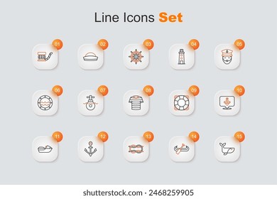 Set line Whale, Kayak and paddle, Nautical rope knots, Anchor, Jet ski, Lifebuoy and Striped sailor t-shirt icon. Vector