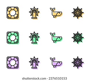Set line Whale, Lifebuoy, Ship steering wheel and  icon. Vector