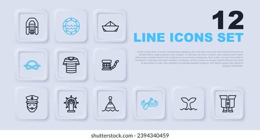 Set line Whale tail, Binoculars, Striped sailor t-shirt, Kayak and paddle, Nautical rope knots, Ship steering wheel, porthole and Floating buoy icon. Vector
