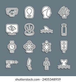 Línea Cola de ballena, escala de indicadores, Aqualung, campana de buceo, perla, aletas para nadar, máscara e icono de tiburón. Vector