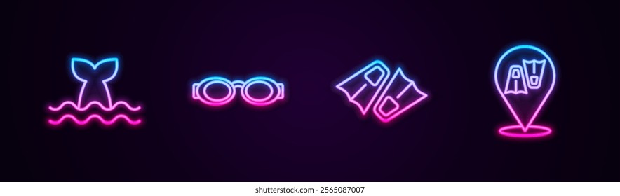 Set line Whale tail, Glasses for swimming, Flippers and . Glowing neon icon. Vector