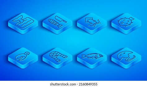 Set line Whale tail in ocean wave, Fish with sliced pieces, Octopus, steak, hedgehog, Lobster or crab claw and Stingray icon. Vector