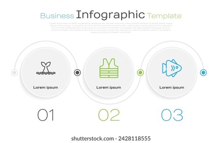 Set line Whale tail in ocean wave, Life jacket and Fish. Business infographic template. Vector