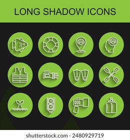 Set line Whale tail in ocean wave, Gauge scale, Fish, Flashlight, Aqualung, Paddle and Rubber flippers icon. Vector