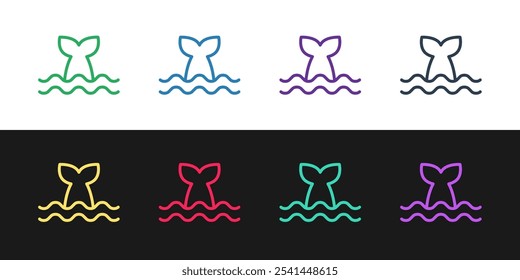 Set línea cola de ballena en el icono de la onda del océano aislado en el fondo blanco y negro.  Vector