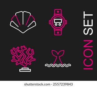 Set line Whale tail in ocean wave, Coral, Diving watch and Scallop sea shell icon. Vector