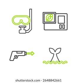 Definir linha Cauda de baleia na onda oceânica, Arpão de pesca, Câmera de ação e máscara de mergulho e ícone de snorkel. Vetor
