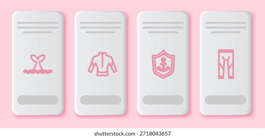 Set line Cola de ballena en la ola del océano, traje de neopreno, ancla dentro del escudo y . Botón rectángulo blanco. Vector