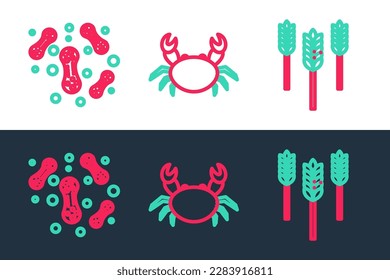 Set line Wheat, Bacteria and Crab icon. Vector
