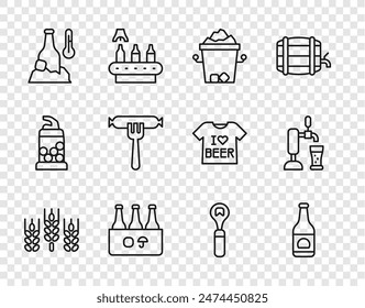 Set line Trigo, Botella de cerveza, Cubo de hielo, Pack de botellas de cerveza, Frío, Salchicha en el tenedor, Abridor de botellas y grifo con icono de vidrio. Vector