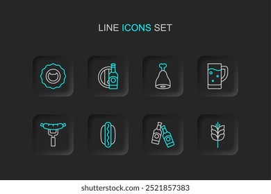 Set line Wheat, Beer bottle, Hotdog sandwich, Sausage on the fork, Glass of beer, Chicken leg, wooden barrel and Bottle opener icon. Vector