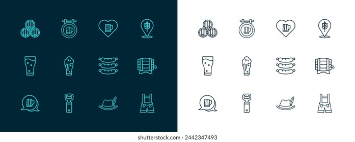 Set line Wheat, Bottle opener, Sausage, Oktoberfest hat, Glass of beer, Heart with glass, Wooden barrel and Street signboard icon. Vector