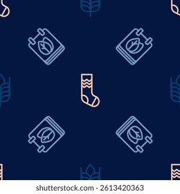 Set line Wheat, Calendar with autumn leaves and Socks on seamless pattern. Vector