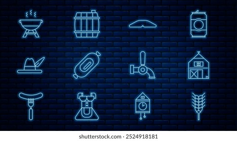 Set line Wheat, Farm House, Homemade pie, Salami sausage, Oktoberfest hat, Barbecue grill, Beer tap and Wooden barrel icon. Vector