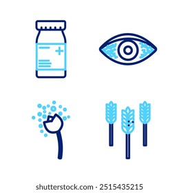 Set line Trigo, Flor que produce polen, conjuntivitis alérgica del ojo rojizo y botella de medicina y píldoras icono. Vector