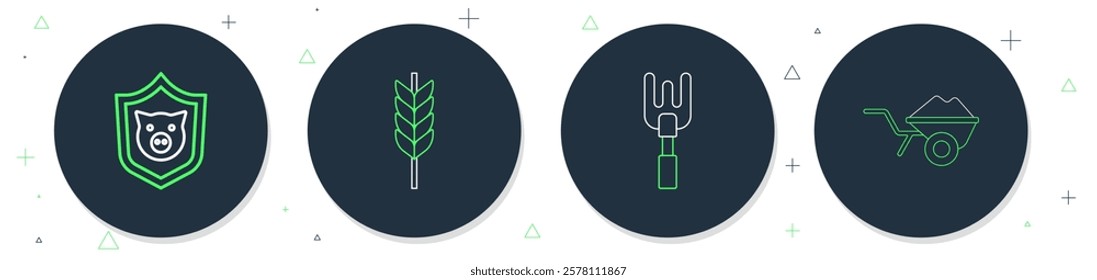 Set line Wheat, Garden rake, Shield with pig and Wheelbarrow dirt icon. Vector