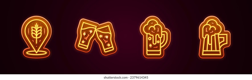 Set line Wheat, Glass of beer,  and Wooden mug. Glowing neon icon. Vector