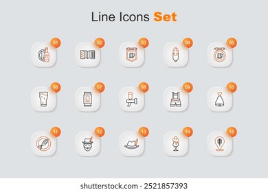 Set line Wheat, Glass of beer, Oktoberfest hat, man, Dried fish, Chicken leg, Lederhosen and Beer tap icon. Vector