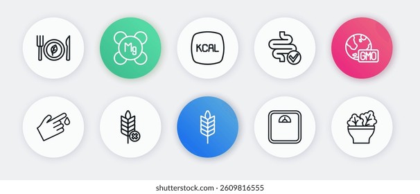 Set line Wheat, GMO, Finger blood, Bathroom scales, Intestines, Kcal, Salad bowl and Gluten free grain icon. Vector
