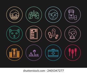 Set line Wheat, Handkerchief to his runny nose, Face with psoriasis or eczema, Clinical record, Pet, protective mask, Peanut and Lungs icon. Vector