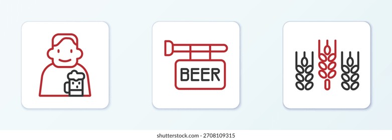 Set line Trigo, hombre feliz con cerveza y letrero de la calle icono de la cerveza. Vector