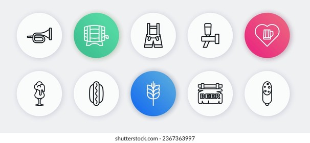 Set line Wheat, Heart with glass of beer, Glass, Street signboard Beer, tap, Lederhosen, Salami sausage and Hotdog sandwich icon. Vector