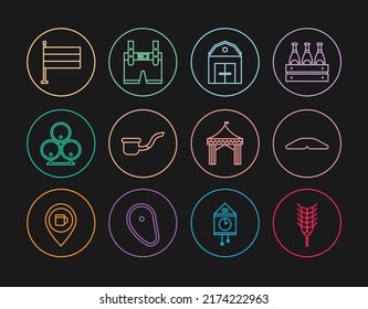 Set line Wheat, Homemade pie, Farm House, Smoking pipe, Wooden barrels, National Germany flag, Camping tent and Lederhosen icon. Vector