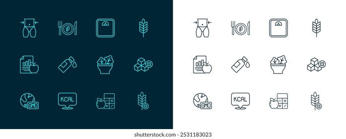 Set line Wheat, Kcal, Salad in bowl, Calorie calculator, Bottle of water, Bathroom scales, Women waist and Vegan food diet icon. Vector