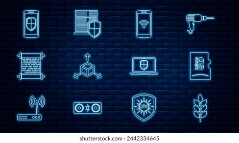 Set line Wheat, Micro SD memory card, Smartphone with wireless, Isometric cube, Paper scroll, shield, Laptop and Server icon. Vector