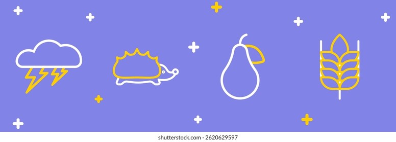 Set line Wheat, Pear, Hedgehog and Cloud and lightning icon. Vector