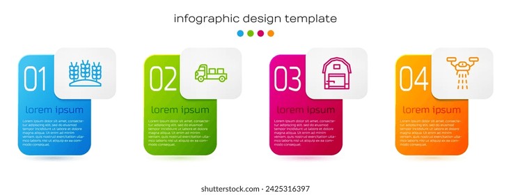 Set line Wheat, Pickup truck, Farm house and Smart farm with drone. Business infographic template. Vector