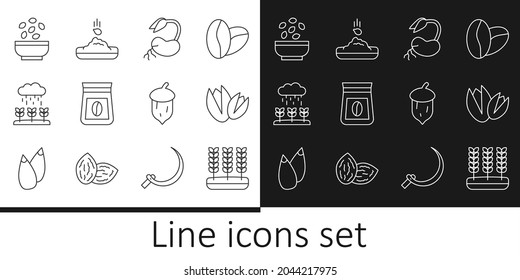 Set line Wheat, Pistachio nuts, Sprout, Bag of coffee beans, Plant sprouts grow in the rain, Seeds bowl, Acorn, oak nut, seed and  icon. Vector