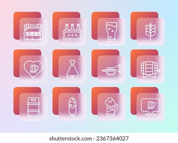 Set line Wheat, Salami sausage, Trumpet, Glass of beer, Chicken leg, Street signboard with Beer and Pack bottles icon. Vector