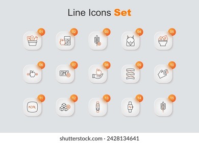 Set line Wheat, Smart watch with heart, No sugar free, Kcal, Finger blood, Sports nutrition proteine and Apple icon. Vector