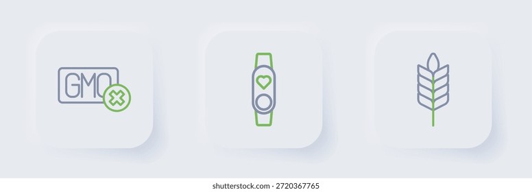 Set line Wheat, Smart watch with heart and No GMO icon. Vector