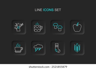 Set line Wheat, Socks, Cloud and lightning, Coffee cup, Apple, Mushroom, Cup tea and Bare tree icon. Vector