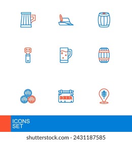 Set line Wheat, Street signboard with Beer, Wooden barrel, Bottle opener, Glass of beer,  and Oktoberfest hat icon. Vector