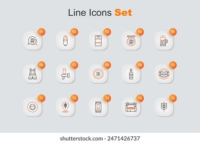 Set line Wheat, Street signboard with Beer, can, Bottle opener, Sausage, bottle and cap icon. Vector