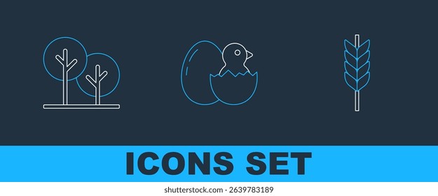 Set line Wheat, Tree and Little chick in cracked egg icon. Vector