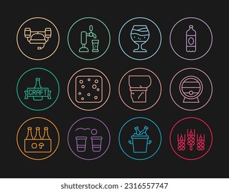 Set line Wheat, Wooden barrel on rack, Glass of beer, Beer bubbles, bottle, helmet, belly and tap with glass icon. Vector