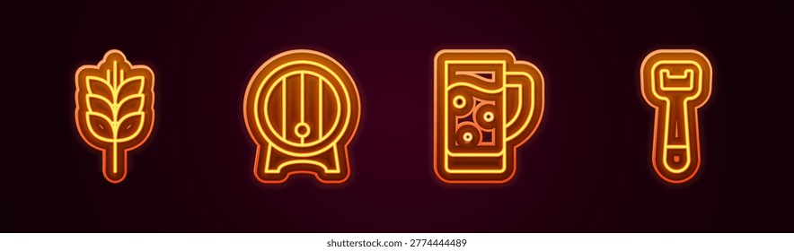 Set line Wheat, Wooden barrel on rack, Glass of beer and Bottle opener. Glowing neon icon. Vector