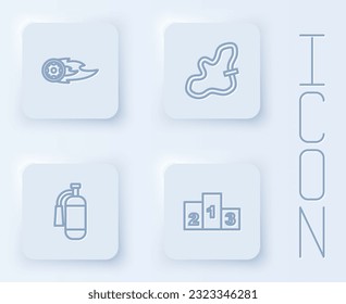 Set line Wheel in fire flame, Racing track, Fire extinguisher and Award over sports winner podium. White square button. Vector