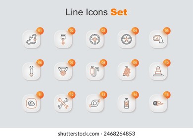 Set line Wheel in fire flame, Nitrous oxide, Automotive turbocharger, Wrench spanner, Racing helmet, Traffic cone, track and Car muffler icon. Vector