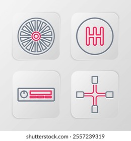 Set line Wheel wrench, Car Audio, Gear shifter and Alloy wheel icon. Vector