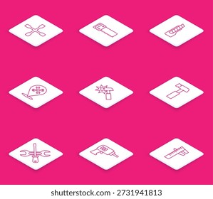 Llave de rueda, sierra de mano, cuchillo de papelería, Locación con, martillo, destornillador e ícono de máquina de taladro eléctrico. Vector