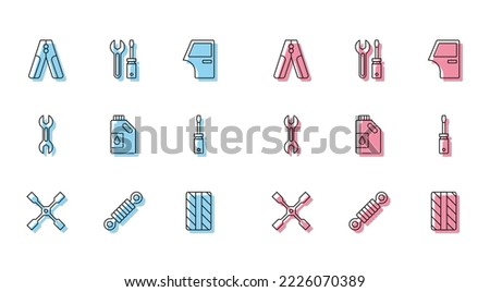 Set line Wheel wrench, Shock absorber, Car battery jumper power cable, tire wheel, Canister for motor oil, Screwdriver, Wrench spanner and and icon. Vector