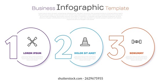 Set line Wheel wrench, Traffic cone and Chassis car. Business infographic template. Vector